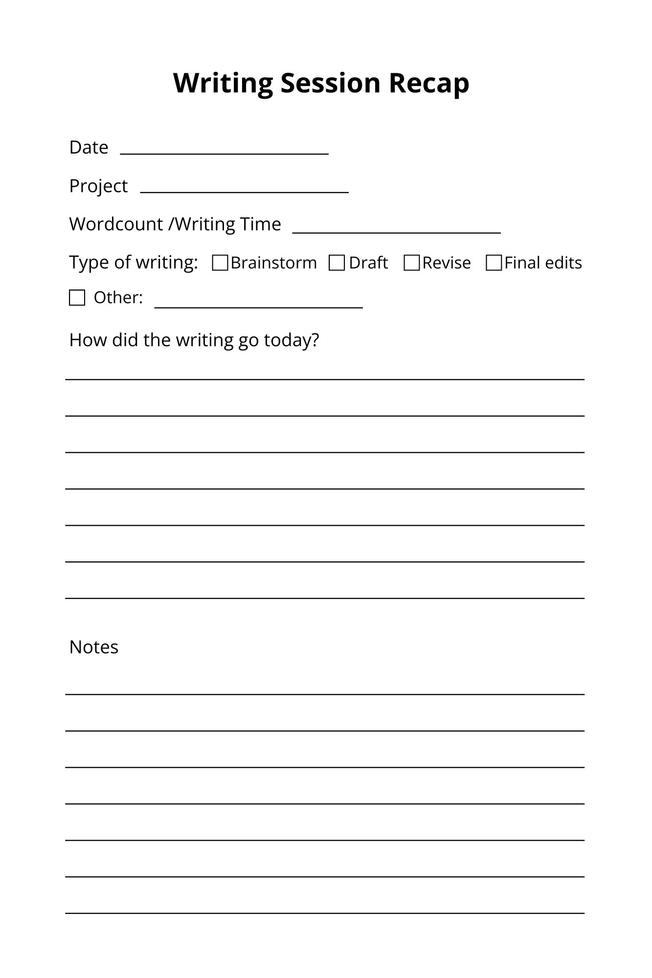 Sample Page, Writing Session Recap: Date, Project, Wordcount/Writing Time, Type of writing, journaling section, notes section