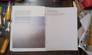 Inside view of journal left page is text from article and blue to black gradient image. Right side is prompt titled moments that made me pause.
